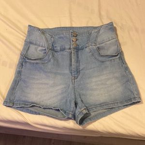 blue highwaisted jean shorts